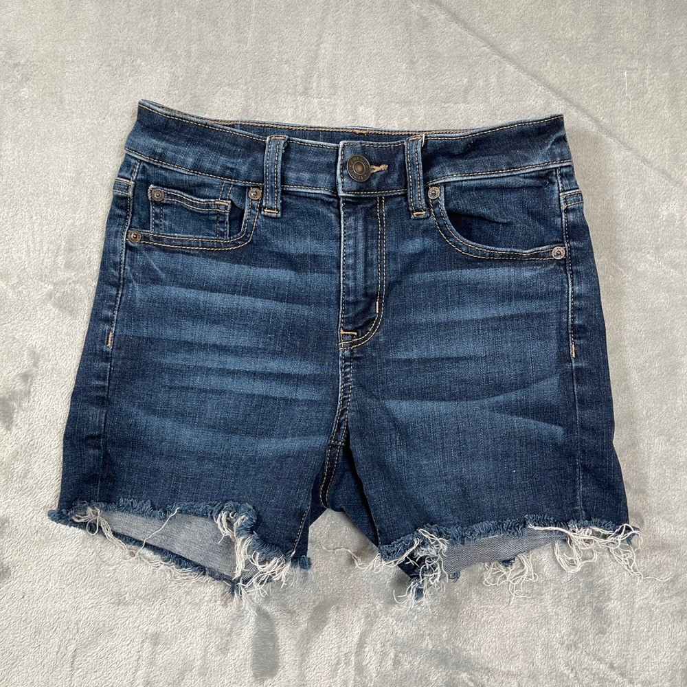 American Eagle Hi-Rise Shortie Dark Wash Frayed Hem Denim Shorts Womens 0